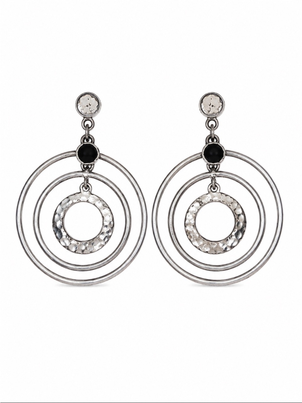 Silver-Tone Layered Circle Statement Drop Earrings with Black Accent